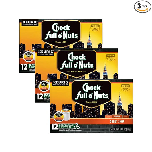 Chock Full o'Nuts Donut Shop Coffee, Compatible with K-Cup Pods, 12 CT (Pack of 3)