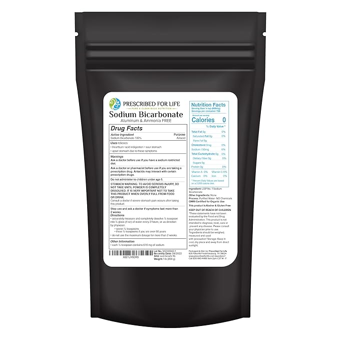 Prescribed For Life, Natural Sodium Bicarbonate (Baking Soda) Powder, 1 Lb Pouch