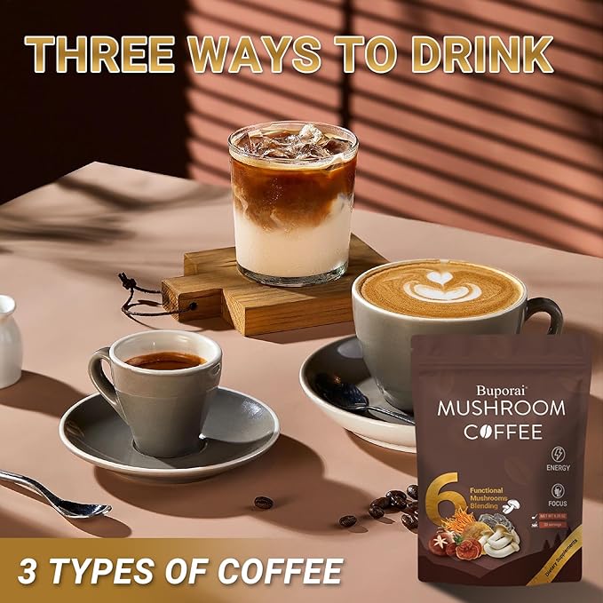 Mushroom Coffee, Instant Mushroom Coffee with 6 Mushrooms Lion?™s Mane, Cordyceps, Turkey Tail & Other for Energy, Focus, Digestion, Immunity, 30 Servings (1 Pack)