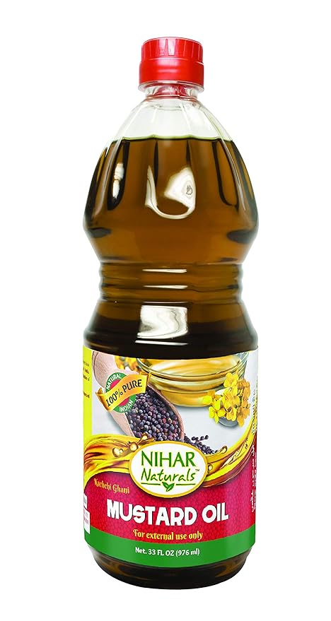 Nihar Naturals Kacchi Ghani Mustard Oil| Cold Pressed| 100% Pure Mustard Oil| For Skin, Hair Care & Body Massage| Enriched with Omega 3 & Natural Anti-Oxidants| Unrefined Mustard Oil| 33 Fl.oz