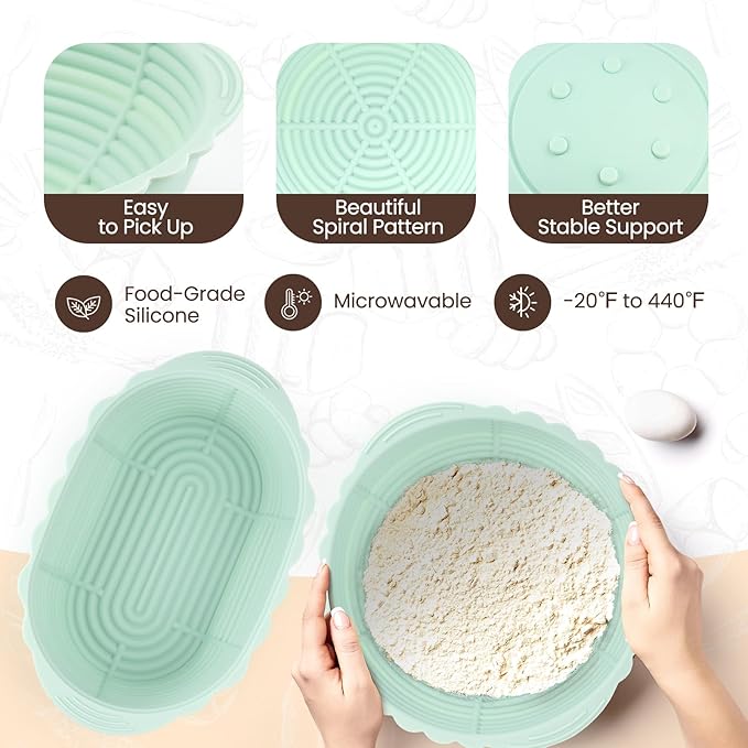 Neddie Upgraded Silicone Banneton Bread Proofing Basket, Sourdough Bread Baking Supplies Set of 2,9 Inch Round & 10 Inch Oval Foldable Sourdough Baking Baskets, Sourdough Starter Kit(Green)