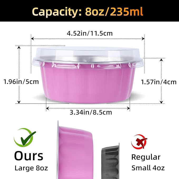 Beasea 8 oz Ramekins with Lids, 120 Pack 8 oz 4 Inch Disposable Mini Pink Aluminum Foil Creme Brulee Baking Cups Small Round Cupcake Tart Pie Tins Pans Individual Containers Oven Safe