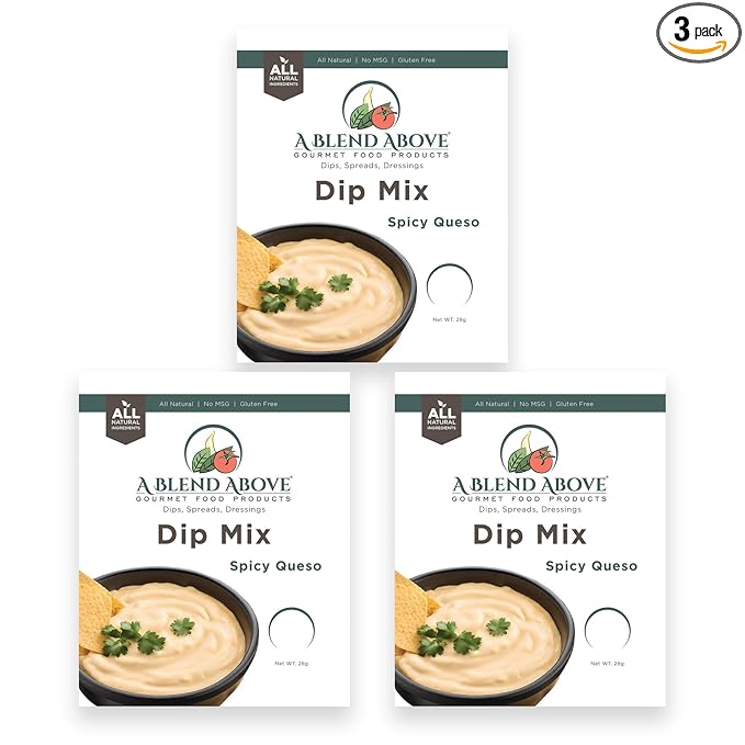 A Blend Above Spicy Queso Dip Mix, 3 Packs, 1 oz. Each, Makes 16 Ounces, Gluten-Free, No MSG, All Natural, No Preservatives, Vegan Friendly, Keto Friendly, Vegetable Dip, Chip Dip, Low Carb, Easy to Make