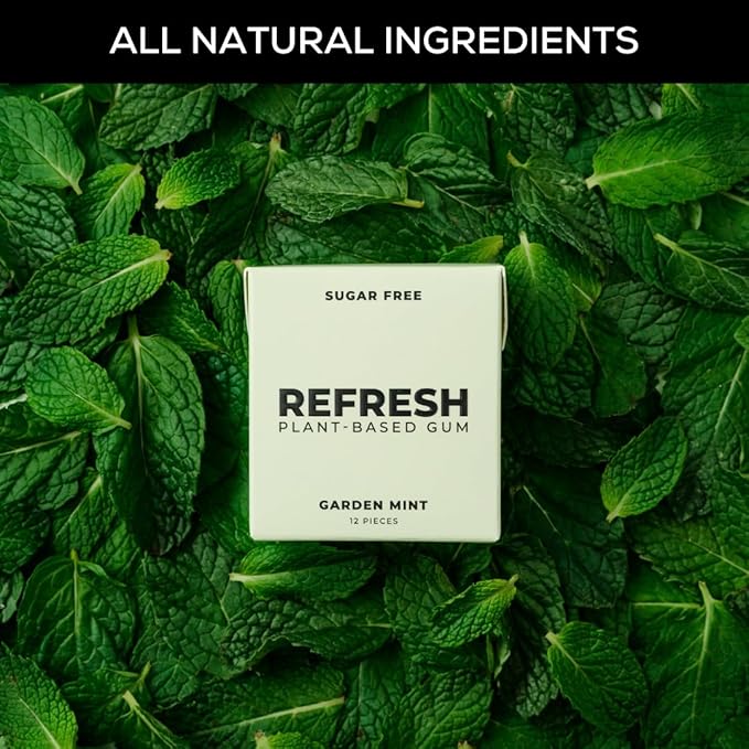 Refresh Gum, Xylitol, Natural, Sugar Free, Long Lasting, Plastic Free, Natural Flavors & Organic Ingredients, Plant-Based, Low Calorie, Non GMO, Gluten Free, Vegan, Garden Mint Flavor, 12 Pcs, 12 Pack
