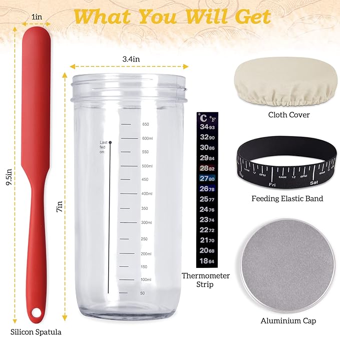 Sourdough Starter Jar Kit, 650ml Sourdough Starter Jar With Thermometer, Silicone Scraper, Cloth Cover And Aluminum Lid. Reusable Sour Dough Starter Jar
