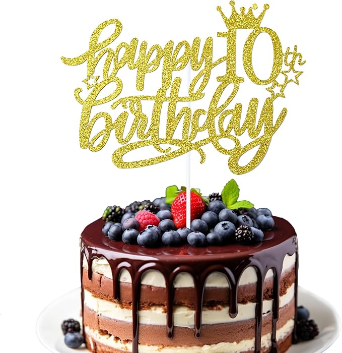 10th Happy Birthday Cake Topper, Glitter Happy 10th Birthday Cake Topper for Birthday Party Cake Decoration(Gold)