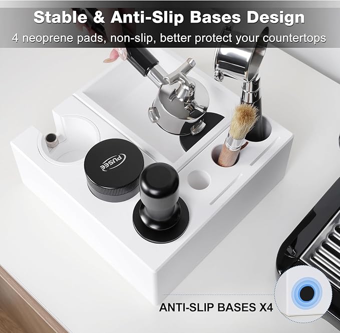 PUSEE Espresso Knock Box & Tamp Station, 9 in 1 Espresso Organizer, Fit 51,54,58MM Tamper, Distributor, Portafilter & Puck Screen Accessories, Detachable Knock Box