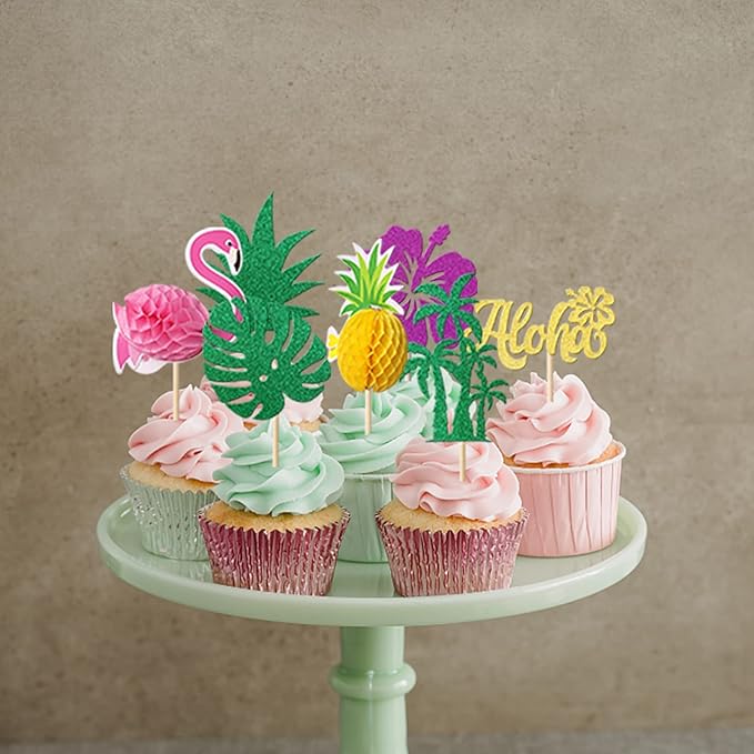 Rsstarxi 24 Pack Tropical Cupcake Toppers Glitter Leaf Pineapple Flamingo Cupcake Picks Aloha Hawaiian Luau Cake Decorations for Summer Aloha Theme Baby Shower Birthday Wedding Party Decor