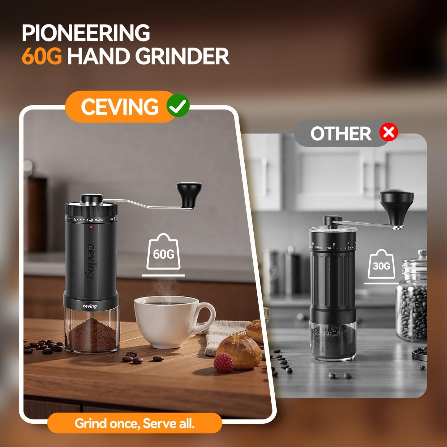 CEVING World's First 60g Large Capacity Manual Coffee Grinder, Gray