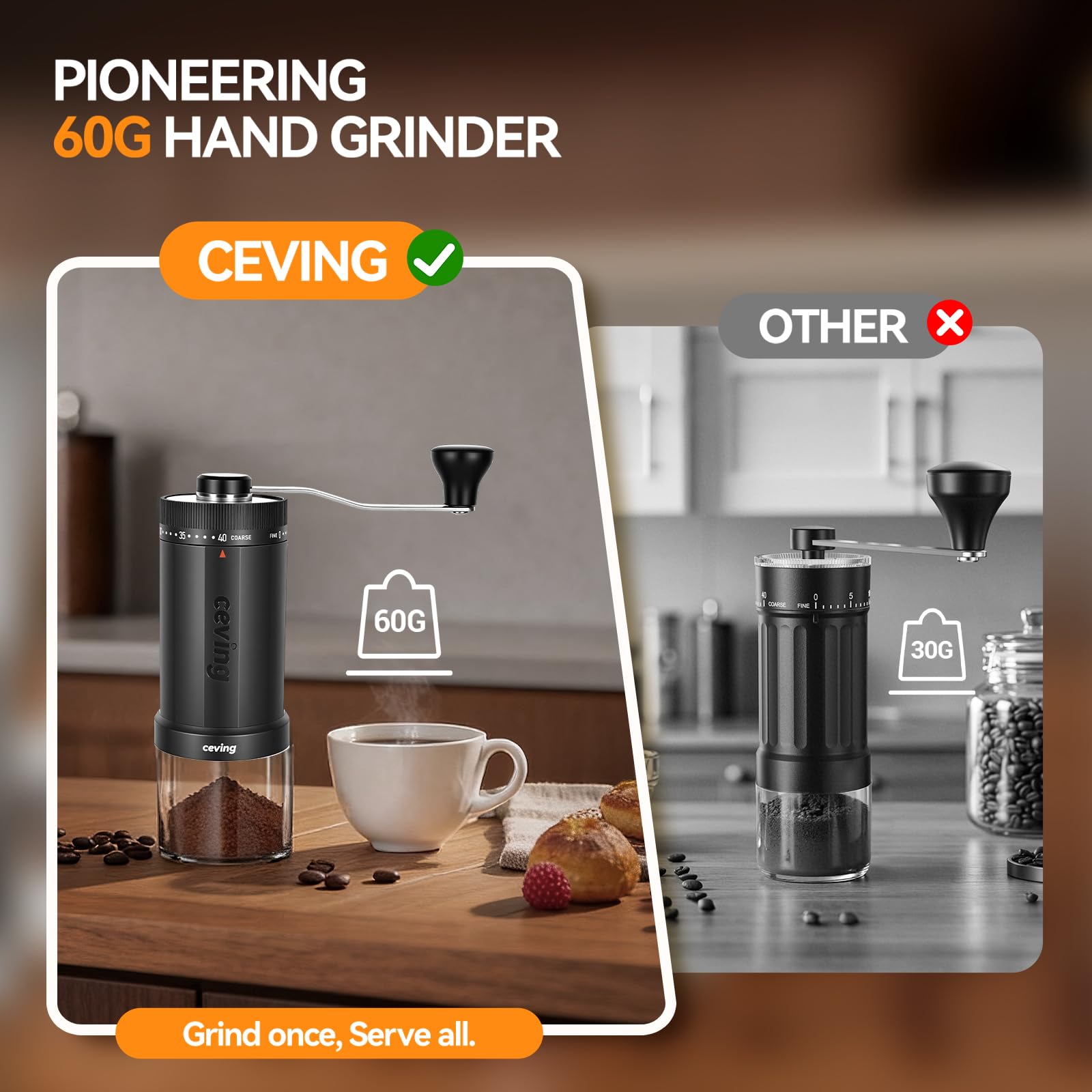 CEVING World's First 60g Large Capacity Manual Coffee Grinder, Gray
