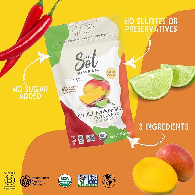 SOL SIMPLE Regenerative Organic Certified ® | Chili Mango | Three Ingredients | Vegan | Non-GMO | No Added Fair Trade | Fruit No Added | Fruit | No | Organic
