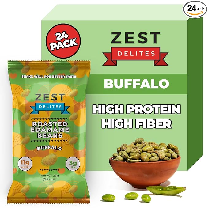 Crunchy Dry Roasted Edamame Beans Snack by Zest Delites, Buffalo, Vegan, Low Calorie (100cal) High Protein Snacks (11g), Low Carb, Keto, Gluten Free, 0.9 oz 24 Packs