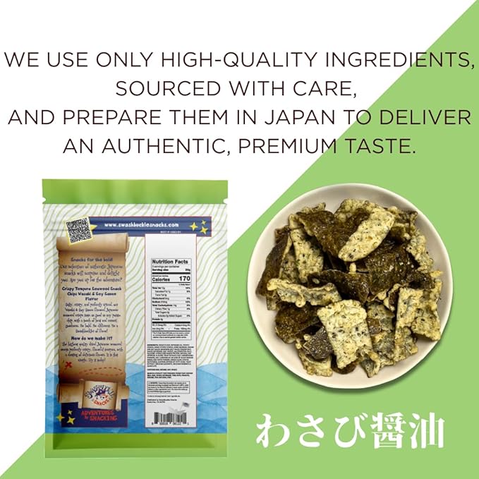 Japanese Tempura Seaweed Chips, Noriten ??Wasabi & Soy Sauce Flavor | 0.95oz x 5 Pack | Made in Japan by Swashbuckle Snacks