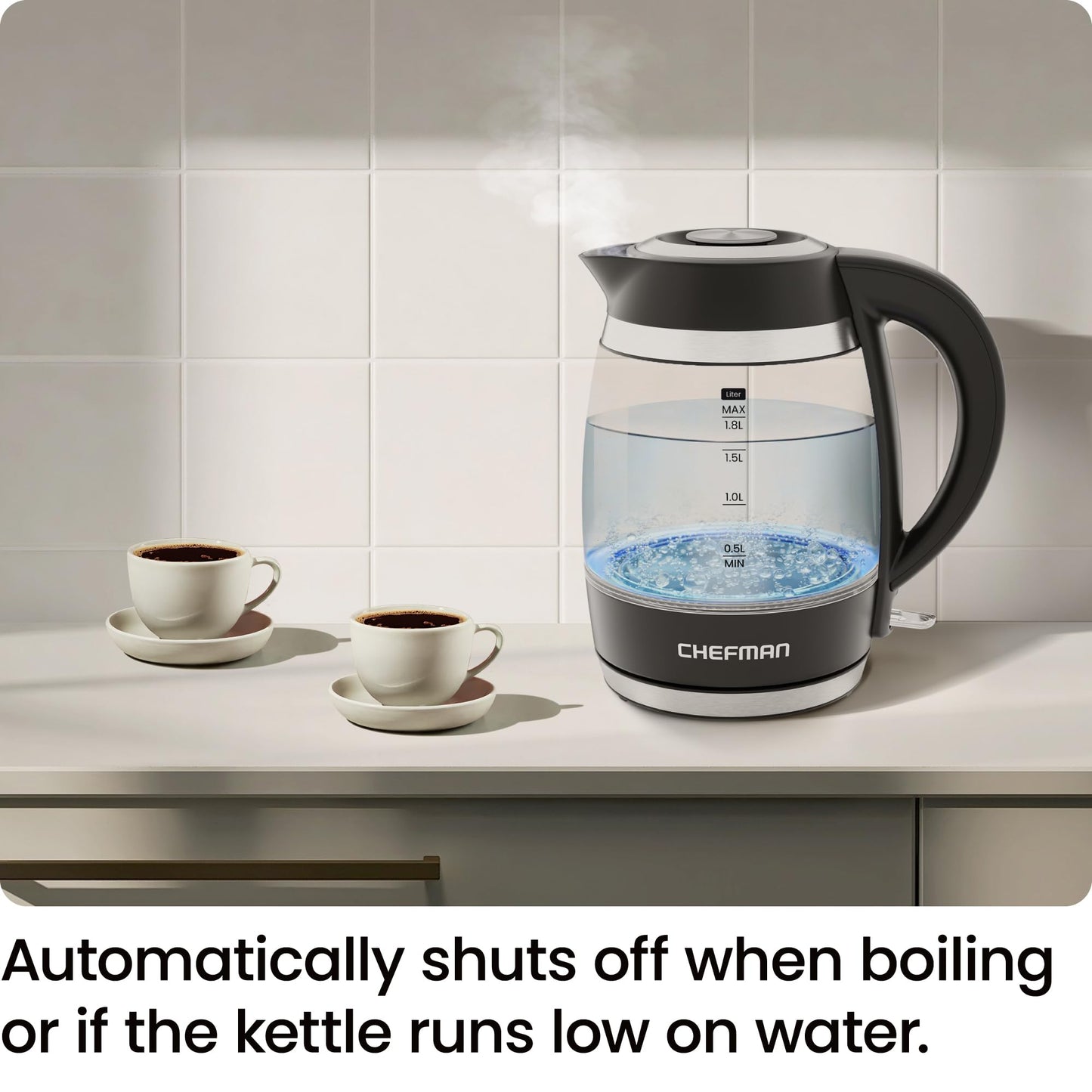 Chefman Electric Kettle, 1.8L 1500W, Hot Water Boiler, Removable Lid for Easy Cleaning, Auto Shut