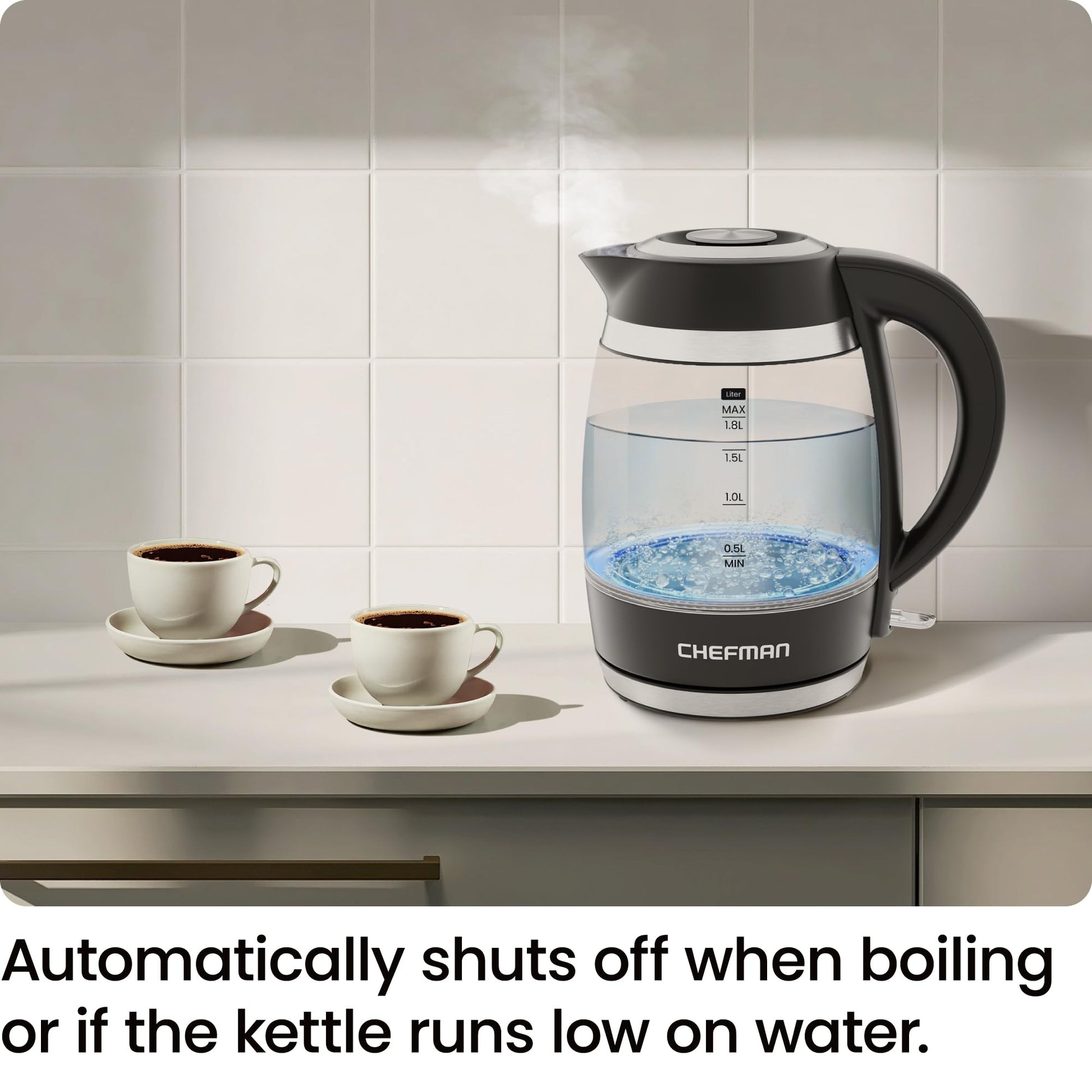 Chefman Electric Kettle, 1.8L 1500W, Hot Water Boiler, Removable Lid for Easy Cleaning, Auto Shut