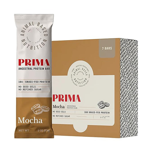 PRIMA ANCESTRAL PROTEIN BAR Grass Fed Protein Bars, 7 Pack ??Animal-Based Protein Bar with Beef Tallow, Raw Honey, Seed Oil Free, Low Carb, Gluten-Free ??Healthy, Energy Snacks for Clean Lifestyle (7 Pack, Mocha)