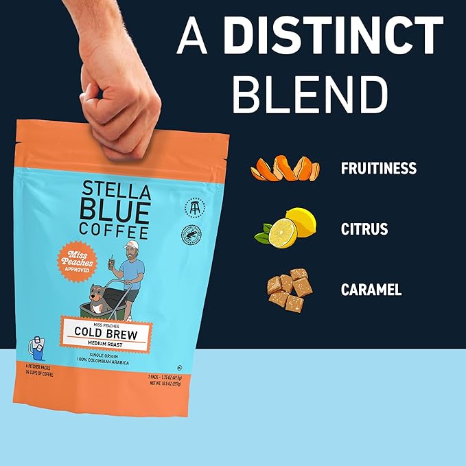 Stella Blue Cold Brew Coffee Packets, Miss Peaches Blend, Medium Roast Ground Coffee, Citrus, Carmel with Sweet Fruity Notes, 100% Arabica, 6 Brew Packets, Makes 24 Bold Cups