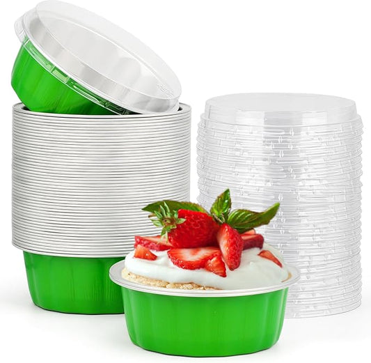 Beasea Disposable Ramekins 8oz, 50 Pack Foil Cups with Lids Cupcake Cups Grass Green Aluminum Foil Cups Creme Brulee Muffin Cupcake Baking Cup Mini Pudding Cake Tins for Party Wedding Birthday