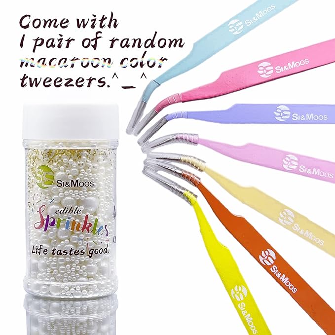 SE Si&Moos White Edible Pearls White Pearl Sprinkles for Cake Decorating Edible Cake Sugar Pearls Halloween Christmas Cookie Decorations Edible Cake Decorations for Cakes,Cupcakes Toppers 3.5 OZ with Tweezers