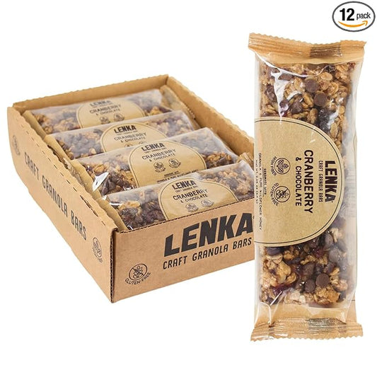 Lenka Bars - Cranberry Chocolate Snack Bars, Gluten Free, High Fiber, Kosher, Wholesome, No Artificial Flavors, Individually Wrapped - 12 Pack
