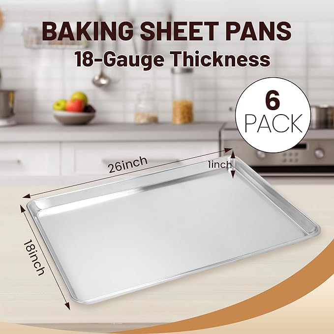 6 Pack Full Size Baking Sheet Pan Aluminum Commercial Pan for Oven Freezer Bakery Hotel Restaurant 18" × 26"