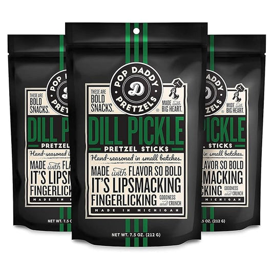 Pop Daddy Flavored Pretzels Sticks, Healthy Gourmet Pretzels Snacks, 7.5oz Individual Bags, 3 Pack, Dill Pickle