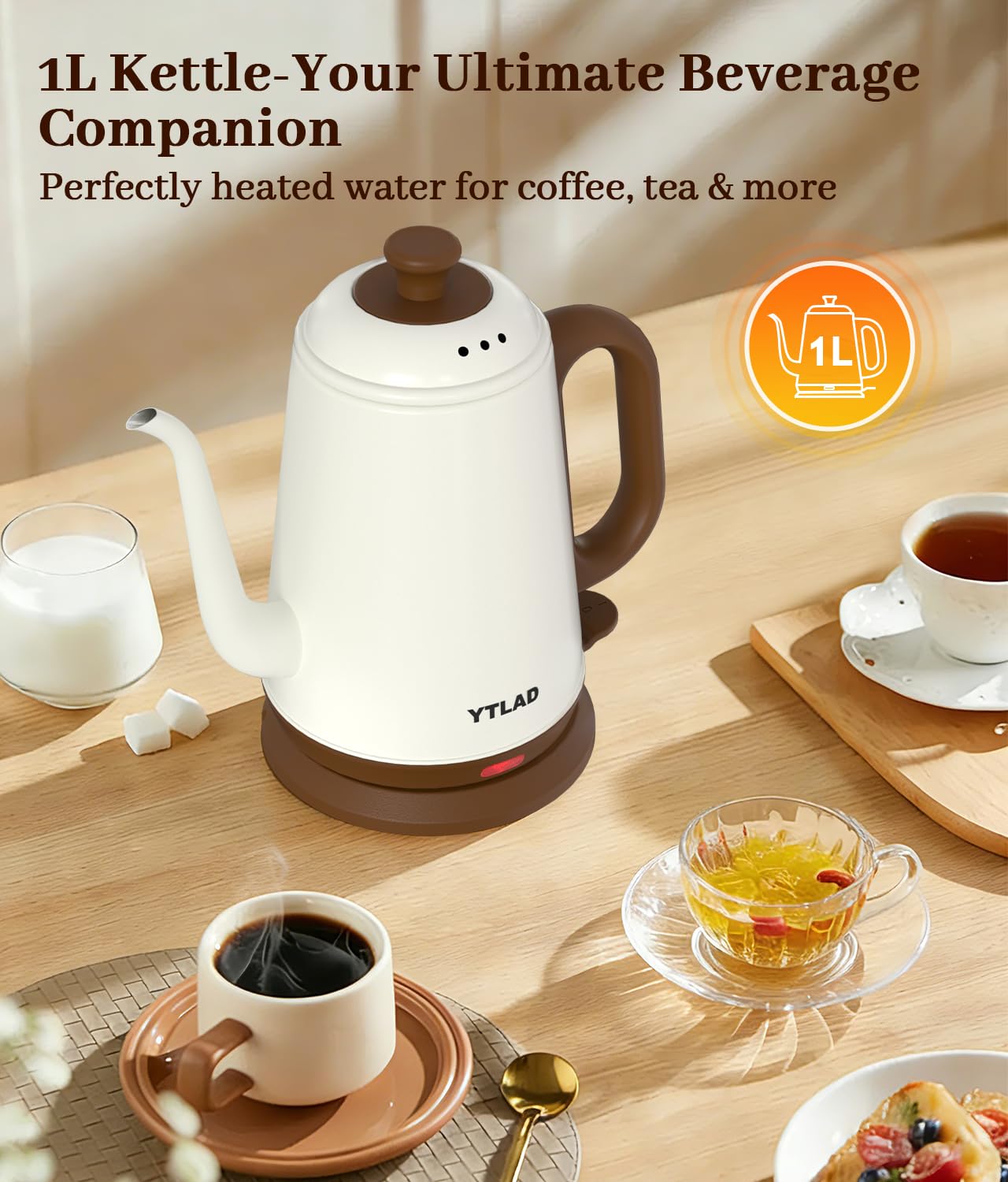 YTLAD Gooseneck Electric Kettle 1L, 1000W, Pour-Over Coffee & Tea