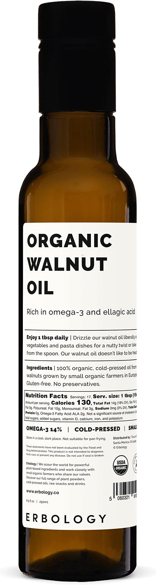 Erbology Organic Walnut Oil 8.5 fl oz - Cold-Pressed - Supports Cognitive Health - Straight from Farm - Non GMO - No Additives or Preservatives - Recyclable Glass Bottle