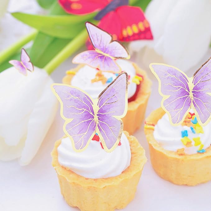 30pcs Purple Gold Edge Mixed Size Lively 3D Waterproof Butterfly Cupcake Topper for Girls Women's Happy Birthday Wedding Party Cake Wall Party Food Decorations