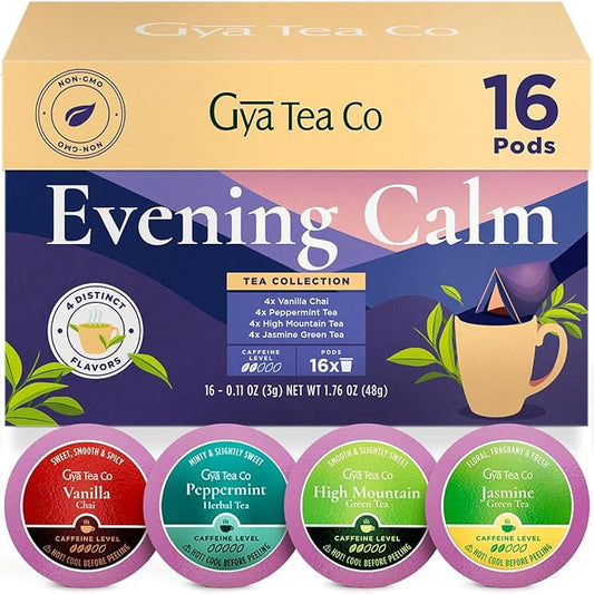 Gya Tea Co Evening Calm Tea Gift Set (16 ct) - Assorted Tea Pod Variety Pack with Vanilla Chai, Peppermint, High Mountain, Jasmine Green 4 Flavors for Night Rest, Digestion & Relaxation