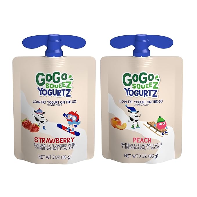 GoGo squeeZ YogurtZ Variety Pack, Strawberry & Peach, 3 oz (Pack of 20), Kids Snacks Made with Real Yogurt and Fruit, No Fridge Needed, Gluten Free, Nut Free, Recloseable Cap, BPA Free Pouches