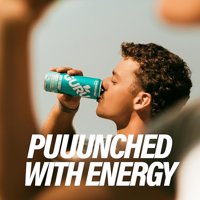 GURU Island Breeze Punch Organic Energy Drinks, Clean Energy Drink with Plant Based Natural Caffeine from Green Tea + Focus with L Theanine, Gluten Free and Vegan, 140MG Caffeine, 12oz (Pack of 24)