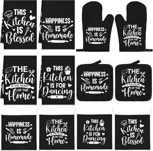Bencailor 12 Pcs Farmhouse Kitchen Decor Sets, 8 Black Kitchen Dish Towels 2 Pot Holders 2 Oven Mitts Glove, Rustic Hand Towels and Dishcloths Sets for Home Decorations Accessories Christmas Mom Gifts