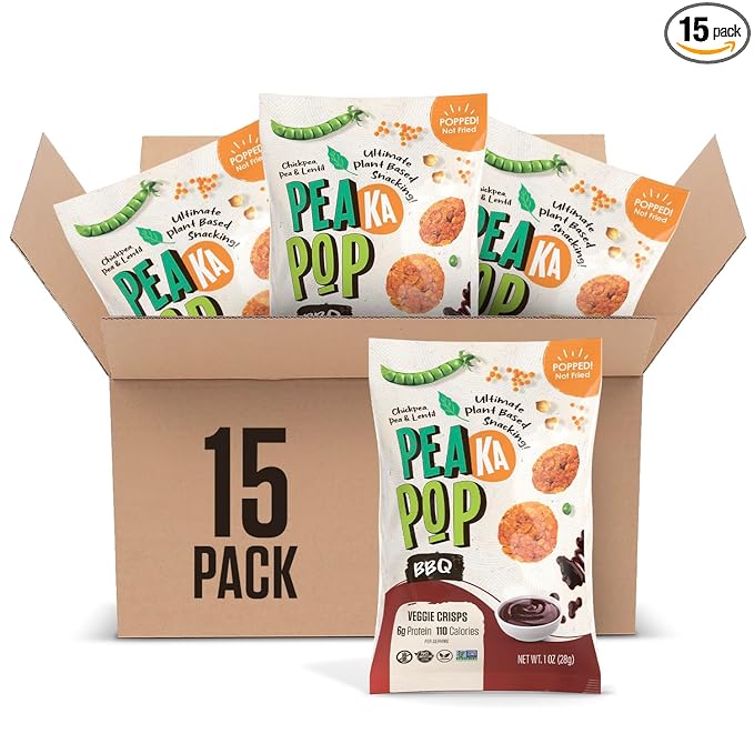 PeaKaPop Veggie Chips ??Plant-Based, Healthy Veggie Crisps with Pea, Lentil & Chickpea Protein ??Vegan, Gluten-Free, Popped Chips ??Snack Size for Kids & Adults ??1 oz Bags (15-Pack) ??BBQ