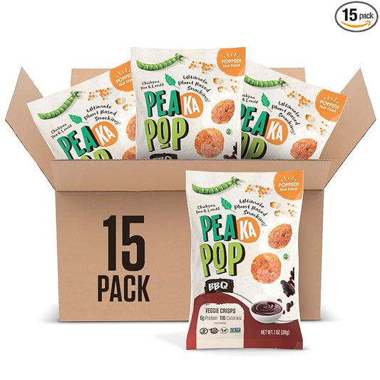 PeaKaPop Veggie Chips ??Plant-Based, Healthy Veggie Crisps with Pea, Lentil & Chickpea Protein ??Vegan, Gluten-Free, Popped Chips ??Snack Size for Kids & Adults ??1 oz Bags (15-Pack) ??BBQ