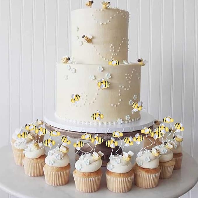 30 PCS Bumble Bee Cupcake Toppers Resin Little Figurine Bee Cupcake Picks Oh Babee Cake Decorations for Bee Theme Baby Shower Kids Boys Girls Birthday Party Decoration Supplies Gold