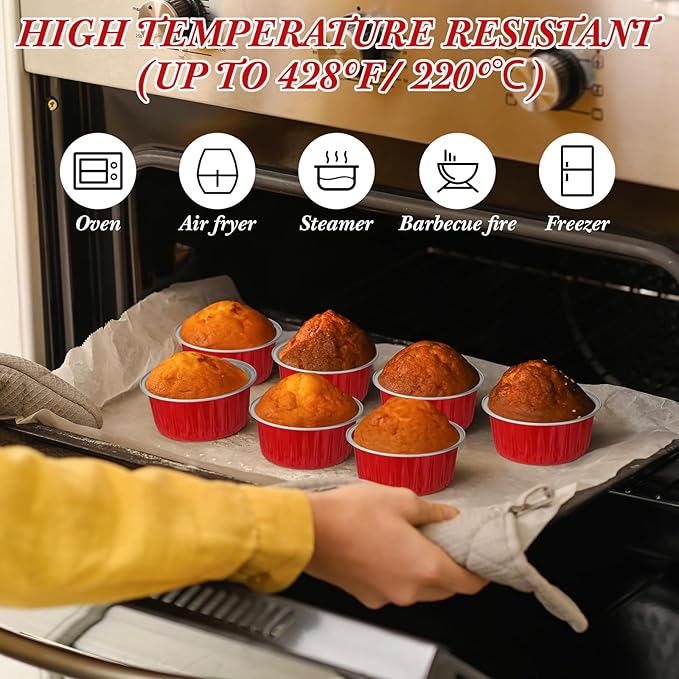 Gejoy 400 Pcs Aluminum Foil Baking Cups with Lids 5 oz Disposable Ramekins Mini Cake Pans Creme Brulee Cupcake Liners Muffin Tins Flan Mold Dessert Container for Wedding(Red,Classic)