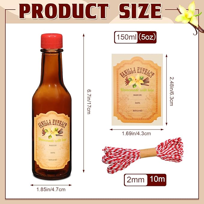 Tioncy 16 Pcs Vanilla Extract Bottles for Homemade Vanilla Jar Glass Bottle with Cap, Shrink Band, Sticker Syrup Gift Food Storage Canister for Bean Sauce Spice (Red, Brown,5 oz)