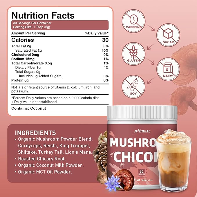 JUYIHEAL Mushroom Chicory, Mushroom Chicory Coffee 6 Mushrooms with Chicory Root for Energy, Focus, Digestion, Immunity, 30 servings