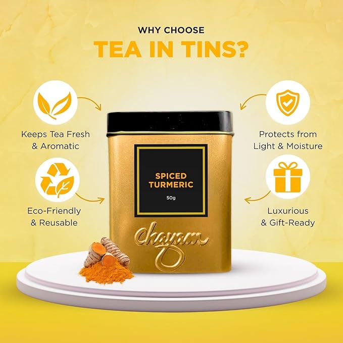 CHAYAM Spiced Turmeric Loose Tea 50g/1.77oz | Herbal tea with Lemongrass, Cinnamon, Ginger and Black Pepper | Premium Tin Pack | Caffeine-free | For Immunity, Digestion - Pack of 1