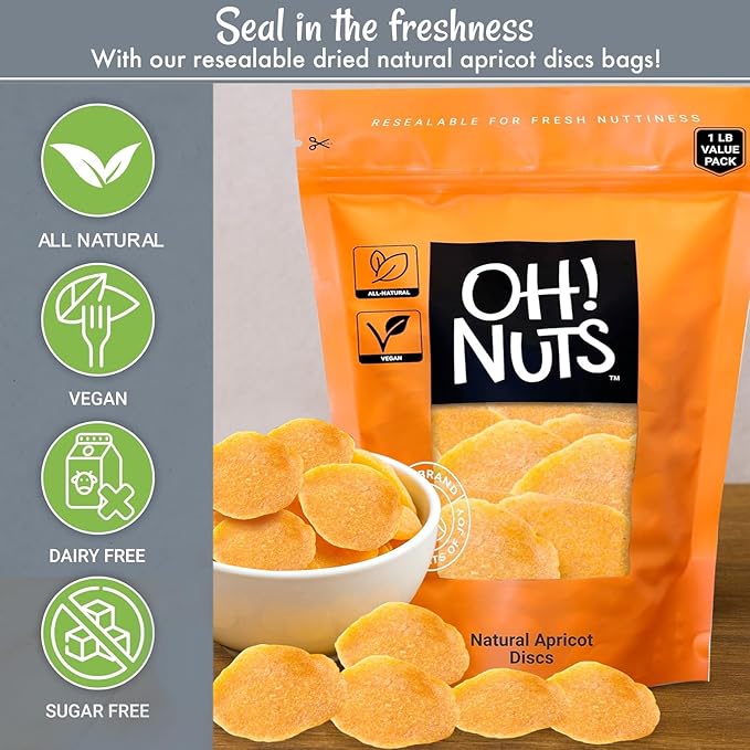 Oh! Nuts Dried Apricot Luscious Natural - 1 lb - Dried Fruit Discs - Sweetened Thin Apricot Slices - Dehydrated Fruit Bites - Packed in New York Zip-Seal Bag for Exceptional Freshness