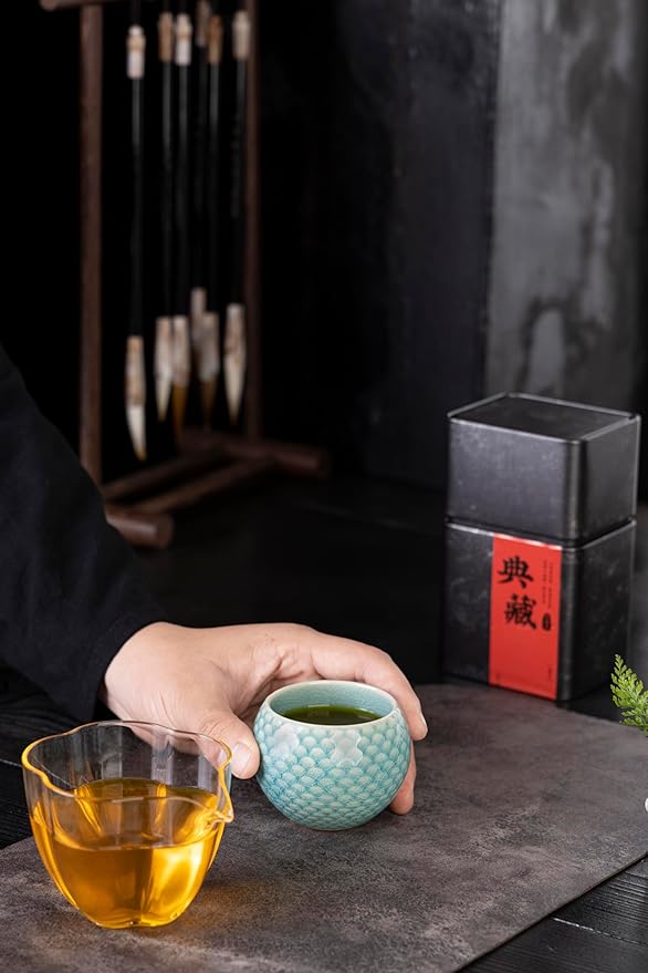 MQjzsh Handmade Chinese Japanese Tea Bowls, Tea Cup Set, 4 Pack, 110ml / 3.7oz for Office, Home, Gifts (Lg,Lb,Lp,B)
