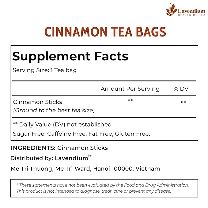 Lavendium, 40 Pure Cinnamon Tea Bags, Made of 100% Natural Cinnamon Sticks, Herbal Tea, No Additives, No Caffeine, No Gluten, Vegan.