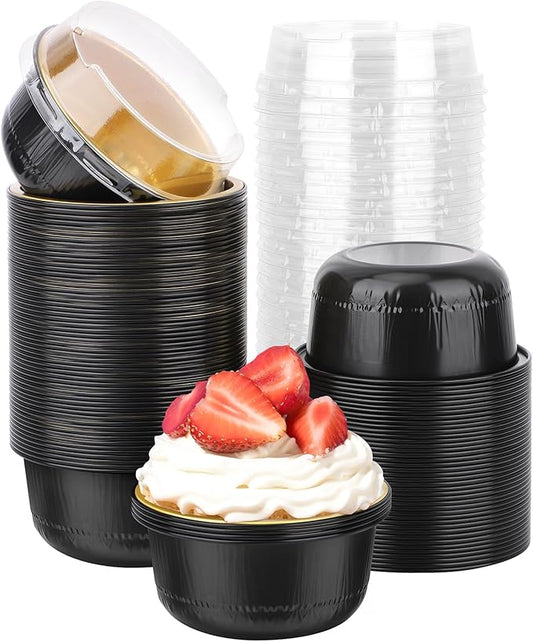 Beasea Aluminum Foil Ramekin Cups With Lids, 100 Pack 6.1oz 180ml Mini Disposable Foil Ramekins Aluminum Round Oven Baking Cupcake Cups for Party - Black Gold