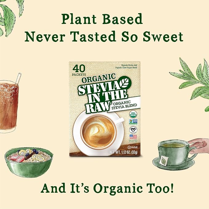 Organic Stevia In The Raw, Plant Based Zero Calorie Natural Sweetener, Sugar Substitute, Sweetener for Coffee, Hot & Cold Drinks, Non-GMO, Vegan, Gluten-Free, 40 Count Packets (Pack of 5)
