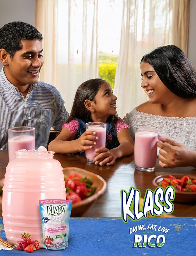 Klass Aguas Frescas | Drink Mix | Horchata & Strawberry Horchata | Flavors From Natural Sources, No Artificial Flavors, With Vitamin C (Makes 7 to 9 Quarts) 14.1 Oz Family Pack (4Pack)