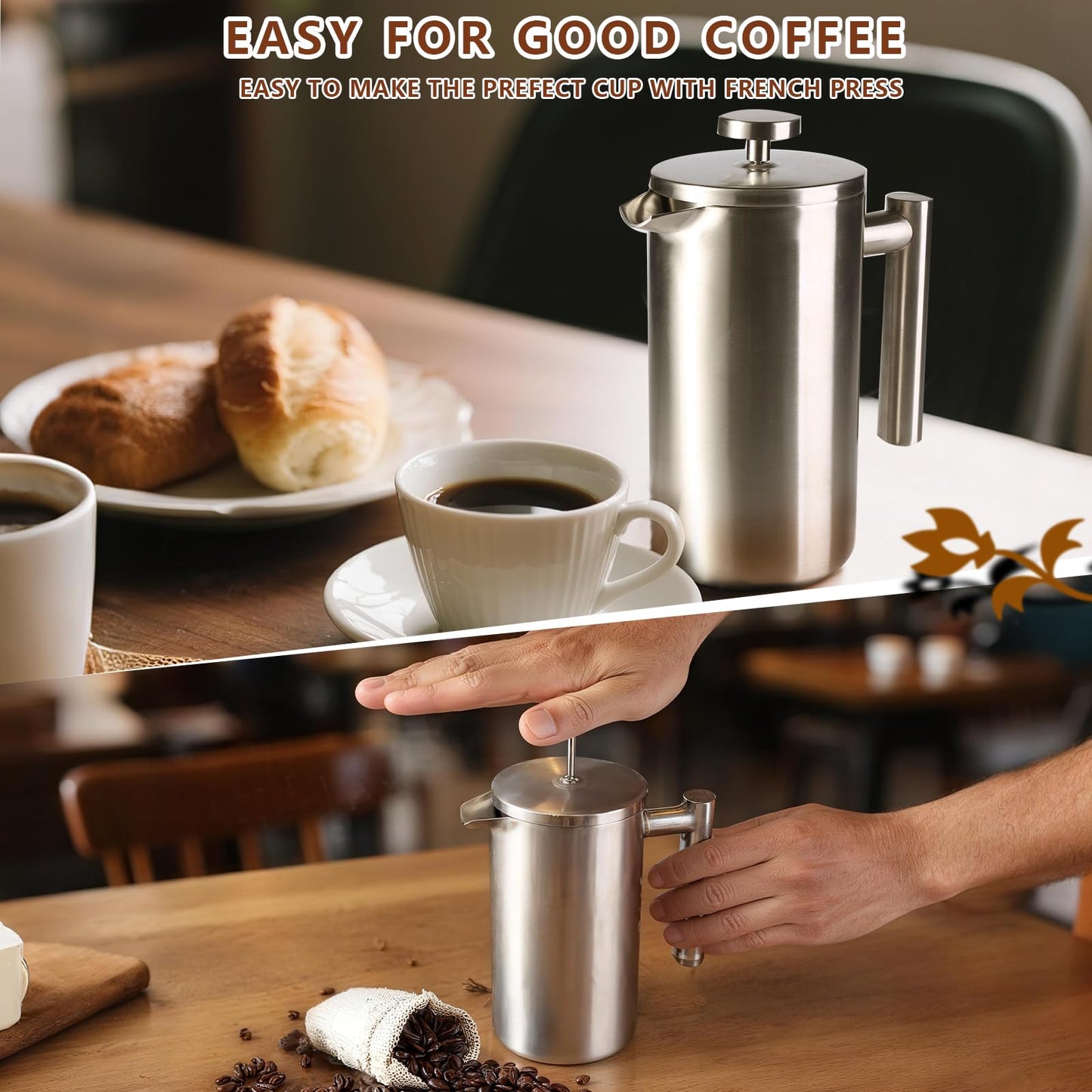 French Press 34 oz, Full Stainless Steel French Press Coffee Maker 4 Cups