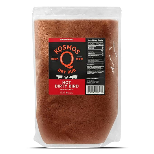 Kosmos Q Hot Dirty Bird BBQ Dry Rub, Spicy Seasoning with Chili Pepper, Brown Sugar, Garlic & Onion for Chicken, Turkey, Ribs, Pork, Dry Rub for Smoking & Grilling Meat, BBQ Spice Blend, 16 Oz Bag