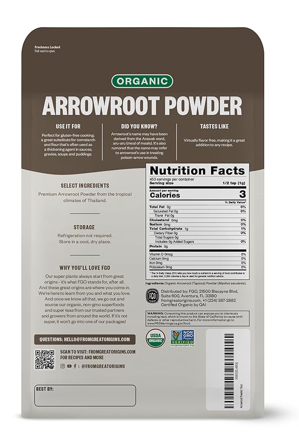 FGO Organic Arrowroot Powder, 16oz (1 Pound), USDA Organic, Non-GMO Natural Thickener, Gluten-Free, Dairy-Free, Flour or Corn starch Substitute