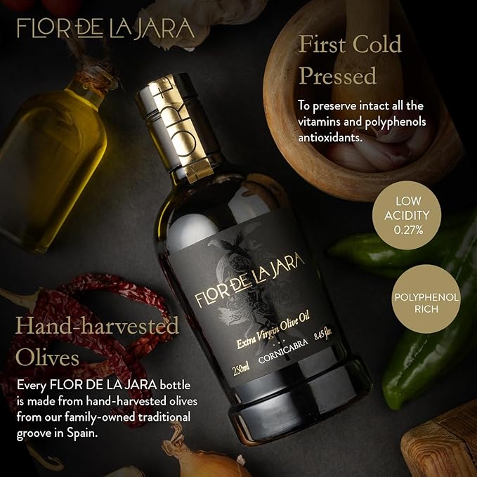 FLOR DE LA JARA Premium Extra Virgin Olive Oil from Spain, First Cold Pressed, Polyphenol-Rich, Monovarietal Cornicabra, Hand-Harvested Olives, Family-Owned Grove, Low Acidity (0.27%), 8.45 fl oz (250ml)